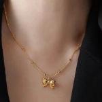 Stainless Steel Classic Gold Color Bowknot Pendant Necklace for Women