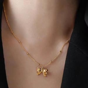 Stainless Steel Classic Gold Color Bowknot Pendant Necklace for Women