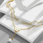 Butterfly Double Layer Pearl Anklet – Elegant Gold Color Foot Jewelry for Women