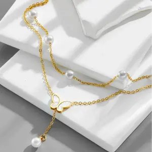 Butterfly Double Layer Pearl Anklet – Elegant Gold Color Foot Jewelry for Women
