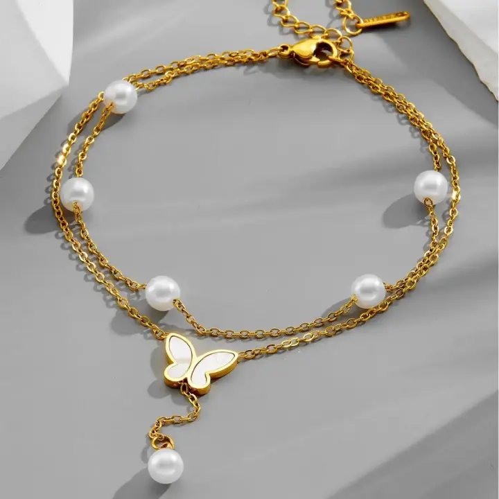 Butterfly Double Layer Pearl Anklet – Elegant Gold Color Foot Jewelry for Women