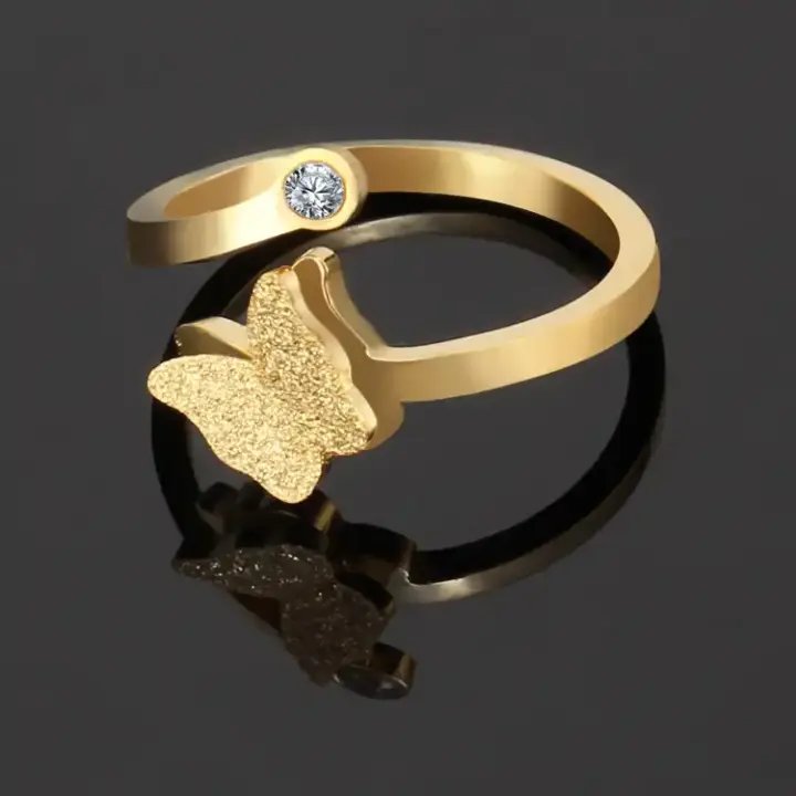DLHP Elegant Cubic Zirconia Butterfly Ring – Adjustable Stainless Steel Open Ring for Women