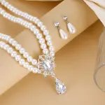 Elegant Rhinestone Pearl Drop Jewelry Set – Multilayer Flower Necklace & Earrings for Women