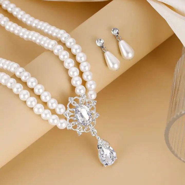 Elegant Rhinestone Pearl Drop Jewelry Set – Multilayer Flower Necklace & Earrings for Women
