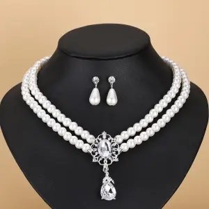 Elegant Rhinestone Pearl Drop Jewelry Set – Multilayer Flower Necklace & Earrings for Women