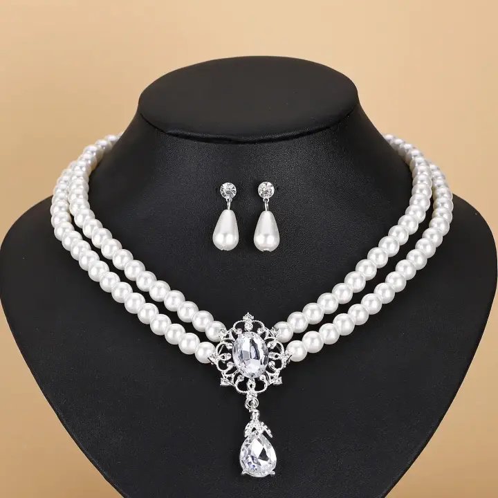 Elegant Rhinestone Pearl Drop Jewelry Set – Multilayer Flower Necklace & Earrings for Women